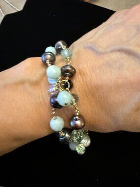 Artisan made bracelet gold-filled, chalcedony, topaz and pearls 8"
